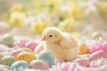 Cute yellow chick sitting surrounded by decorative Easter eggs nestled in colorful confetti on a bright background