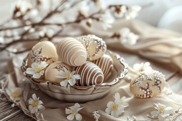Fototapeta na wymiar Classy arrangement of chocolate Easter eggs adorned with flowers in a bowl on a wooden table