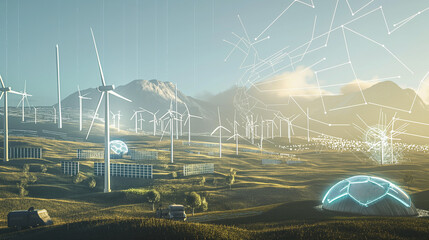 The background shows a green landscape with rolling hills and wide fields. Seeing modern wind turbines turning majestically in the wind and producing clean energy.