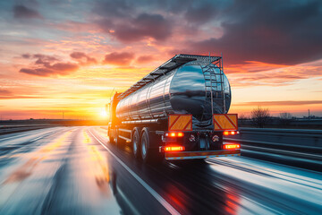 Rear view of big metal fuel tanker truck in motion shipping fuel to oil refinery against sunset sky.