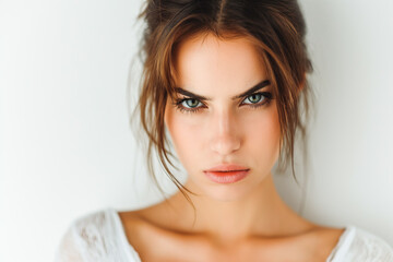 Serious angry woman looking at camera white background.