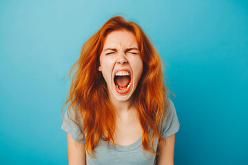The young emotional angry woman screaming on blue studio background. - obrazy, fototapety, plakaty