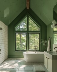 Fototapeta na wymiar Luxurious bathroom interior with large window and forest view