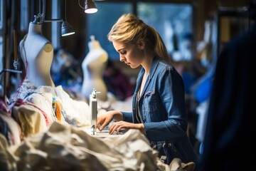 A skilled seamstress in a blue workshirt sews on a vintage machine in a vibrant studio, surrounded by fabric rolls, mannequins, and design sketches, creating garments with care and precision.