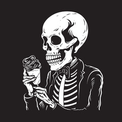 Terrifying Treats Skeleton Enjoying Soft Serve Icon Bone Chilling Cones Soft Ice Cream with Skeleton Vector