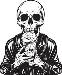 Spine Tingling Treats Skeleton Enjoying Soft Ice Cream Logo Chilling Chews Skeleton with Soft Serve Ice Cream Graphic