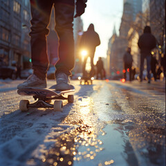 A person is energetically riding a skateboard on a bustling city street