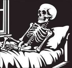 Spooky Serenity Skeleton Resting on Bed Emblem Eerie Equilibrium Skeleton Lied on Bed Graphic