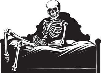 Rest in Darkness Skeleton Resting on Bed Emblem Grim Relaxation Skeleton Lied on Bed Graphic