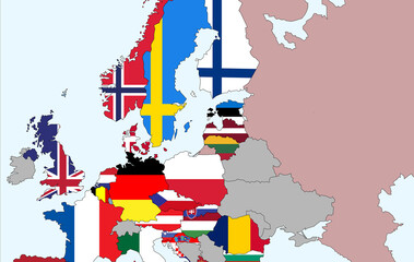 NATO and Russia on Europe map. Flags of countries included in alliance