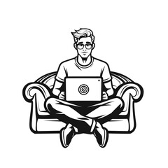 man with laptop software developer working on startup  vector illustration isolated transparent background logo, cut out or cutout t-shirt print design