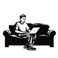 man with laptop software developer working on startup  vector illustration isolated transparent background logo, cut out or cutout t-shirt print design