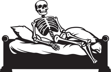 Creepy Rest Skeleton Vector Bed Icon Grim Slumber Skeleton on Bed Graphic