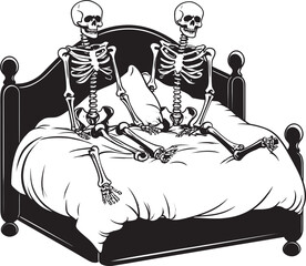 Ghostly Repose Skeleton on Bed Graphic Spooky Slumber Skeleton Emblem on Bed