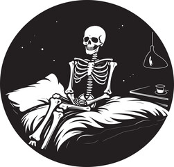 Eerie Dreamscape Skeleton Lied on Bed Logo Haunting Siesta Skeleton Vector Bed Icon