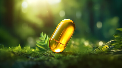 Fish oil capsule close up, concept of healthy diet and healthy food supplements - obrazy, fototapety, plakaty