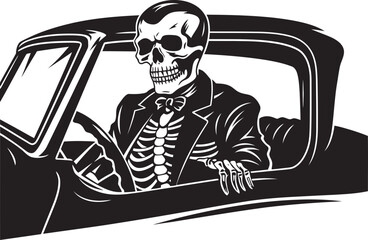 Eerie Express Skeleton Driving Logo Skele Rally Car with Skeleton Vector Design