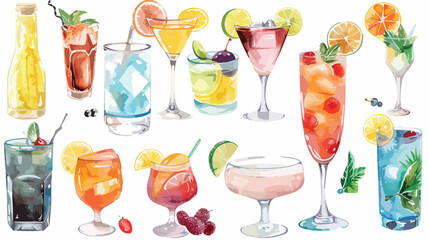 Watercolor illustration of drinks and cocktails 
