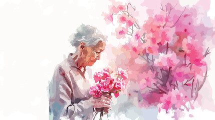 watercolor illustration of pretty elderly woman 