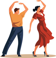 Man and woman dancing flamenco passionately with expressive gestures. Male and female dancers in traditional costume pose. Spanish culture and dance performance vector illustration.