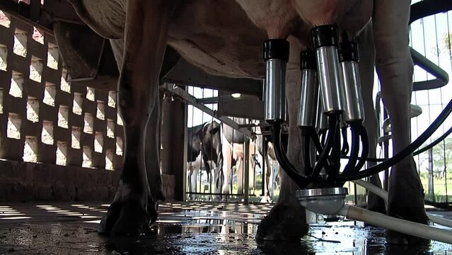 Cows Being Milked at A Dairy Farm in Formosa Province, Argentina. Close Up. 