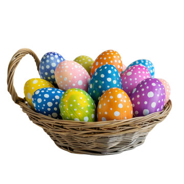 Colorful and patterned Easter eggs on a knitted basket with a transparent background. Created with Generative AI.