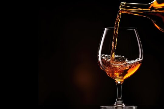 Dynamic image of amber wine being poured into a glass against a dark background. Pouring Amber Wine in Glass