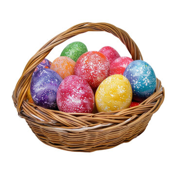The colorful and patterned Easter eggs are handmade on top of a knitted basket with a transparent background. Created with Generative AI.