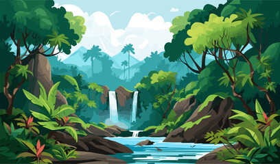lush rainforest with waterfall vector simple 3d isolated illustration - obrazy, fototapety, plakaty