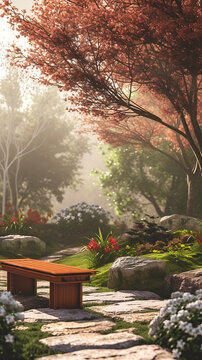 A peaceful garden with a wooden bench Calmness atmospheric photo footage for TikTok, Instagram, Reels, Shorts