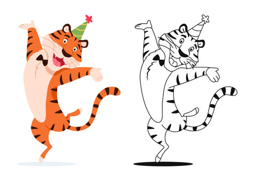 Coloring page. Cartoon dancing happy tiger with bow tie isolated on white background. Happy wild cat for kids preschool activity. Black and white outline sketch. Coloring book vector illustration.