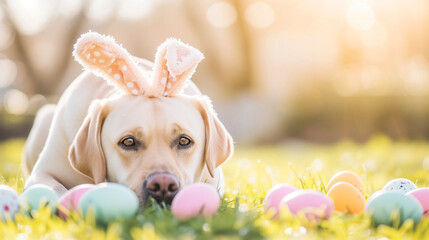 Festive labrador pupy: easter bunny ears and vibrant eggs adorn the green meadow, copy space