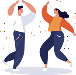 Young man and woman dancing joyfully with confetti around. Casual clothes, happy celebration moment. Party fun, festive mood, dance move vector illustration.