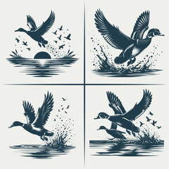 Mallard Duck hunting  vector Bundle file ,Black and white Flying Ducks Silhouette file , Flying Wood Duck Water Landing svg