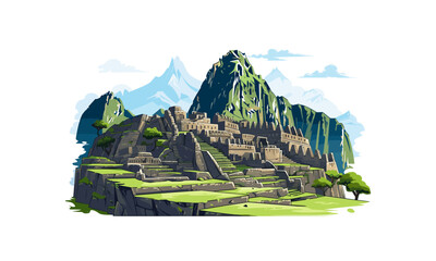 Machu Picchu Inca Ruins of Peru vector flat isolated illustration - obrazy, fototapety, plakaty