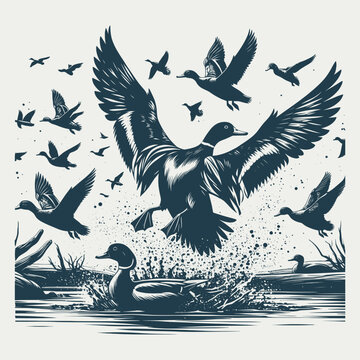Mallard Duck hunting  vector Bundle file ,Black and white Flying Ducks Silhouette file , Flying Wood Duck Water Landing svg