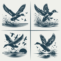 Mallard Duck hunting  vector Bundle file ,Black and white Flying Ducks Silhouette file , Flying Wood Duck Water Landing svg