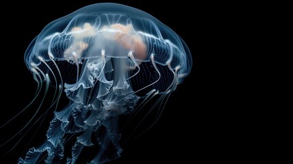 A ghostly jellyfish swimming in the dark ocean depths