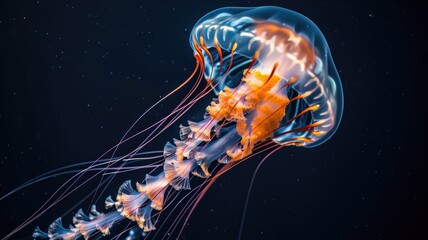 Luminescent jellyfish, suspended gracefully in a dark marine environment