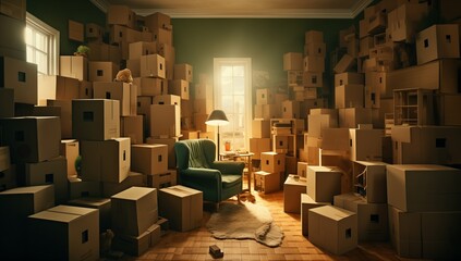 House Full of Cardboard Boxes, Home Collection Idea, Future Planning Concept