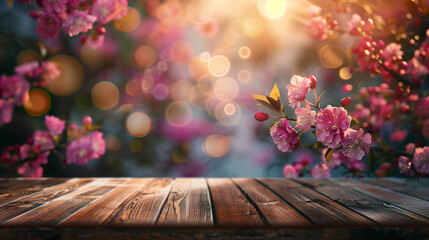 Wooden table with cherry blossoms and bokeh background.