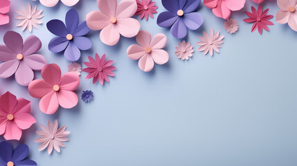 Background of paper flowers with empty space for text or greeting card design. Postcard for International Women's Day and Mother's Day