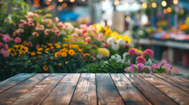 Empty wood table top with blur background of flower shop, stock photo