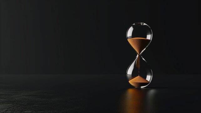 A sleek hourglass with sand flowing on a dark background