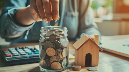 Woman hand putting coin into glass jar with house model and calculator on wooden table. Saving money for buy house concept.