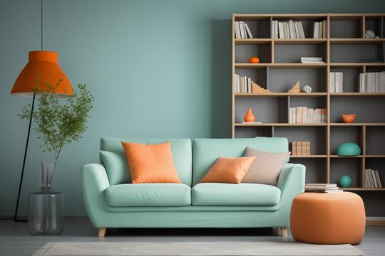 Mint Sofa, Orange Pillows, Bookcase Background, Home Library, Cozy Reading Nook Decor - Powered by Adobe