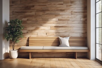 Contemporary Outdoor Setting, Wooden Bench, Marble Stone Wall, Wood Paneling, Urban Landscape Design