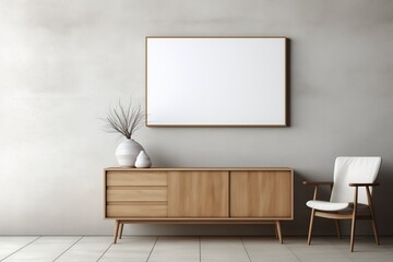 Minimalist Interior Setting, Wooden Cabinet Dresser, Concrete Wall, Empty Space for Display