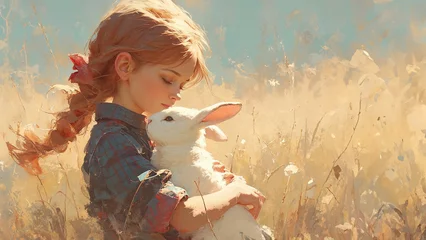 Fotobehang Easter concept, little cute little girl hugging a cute bunny. Oil paint © ayselucar