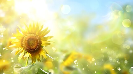 Sunflower on blurred sunny nature background. Horizontal agriculture summer banner with sunflowers field. Organic food production. Copy space for text